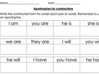 Apostrophes for contraction worksheet