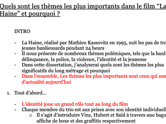 Essay plan for A level French La Haine