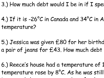 Negative Number Word Problems (differentiated) + answers