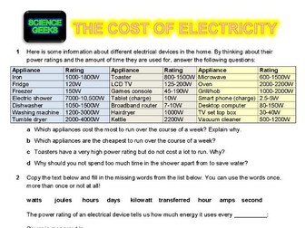 KS3 SCIENCE THE COST OF ELECTRICITY - ENERGY AND KILOWATT HOURS