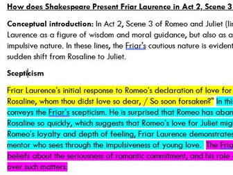 Model high-level essay on  Friar Laurence