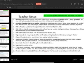 KS4 RSE Fun teacher lead presentation using song lyrics to identify healthy relationship behaviours