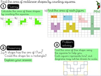 Area- Find the area of rectilinear shapes by counting squares.