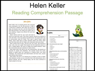 Helen Keller Reading Comprehension and Word Search