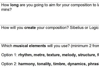 NEW GCSE AQA MUSIC 9-1 Composition Planning sheet