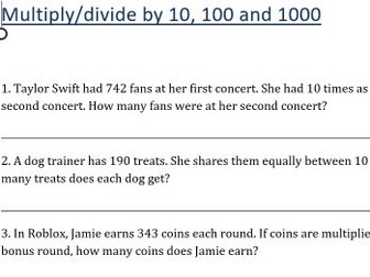 Multiply / Divide 10, 100, 100 Word Problems