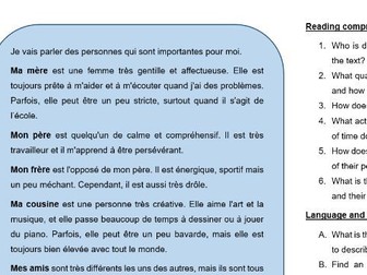 French reading task KS4 - Describing others' personality