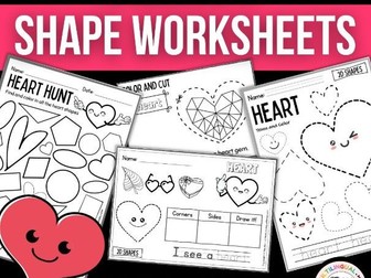 Kindergarten 2D Shapes Worksheet: HEARTS – Shape Sort, Shape Hunt, Math Activity