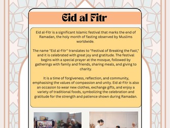 Eid Al Fitr - Islamic Art (Digital or Paper Copy) and Premier League Literacy Task