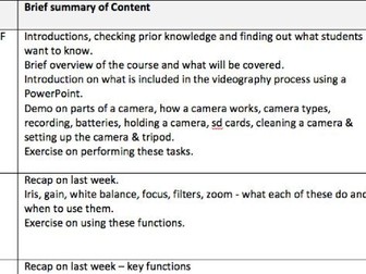 Scheme of work/course planner for basic video camera set up & operations