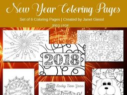 New Year Coloring Pages 2018 - Set of 6