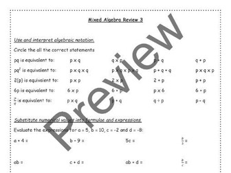 Algebra Review Sheets