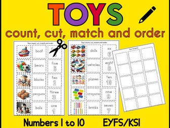 Toys Count, Cut, Match and Order 1 to 10