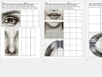 3 Human Facial Features Portrait Blending Pencil Worksheets for Shading and Colouring for Art