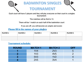 Badminton half court singles tournaments