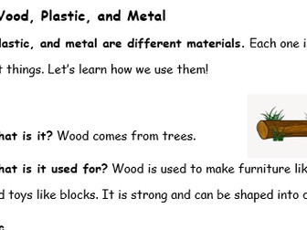 Wood, Plastic and Metal Science Reading