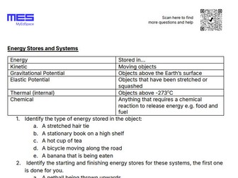GCSE AQA Topic 1: Energy - Stores Worksheet (Foundation and Higher)