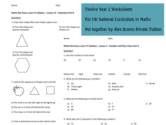 12 Worksheets for Maths Y1 UK Curriculum