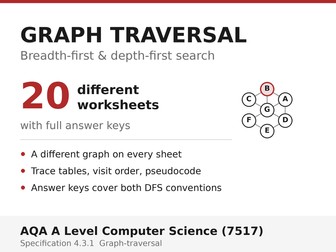 Graph Traversal BFS & DFS | AQA A Level Computer Science 7517 | 20 Worksheets + Answers