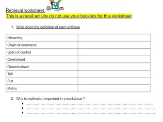 Business A-level retrieval practice on Organisational structures and motivational theorists