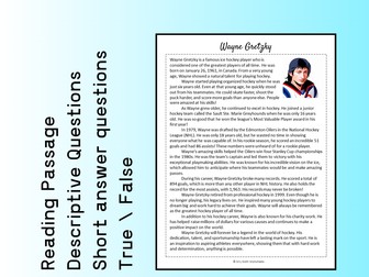Wayne Gretzky Biography Reading Comprehension Passage Printable Worksheet PDF