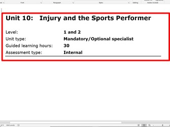 BTEC First Sport (level 2) - All  of Unit 10 - Injury and the Sports Performer