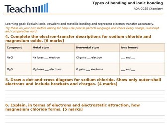 AQA GCSE Chemistry Bonding, Structure and Properties Worksheets & Answers