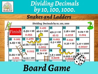 Dividing Decimals by 10 100 1000 Snakes and Ladders Board Game Activity