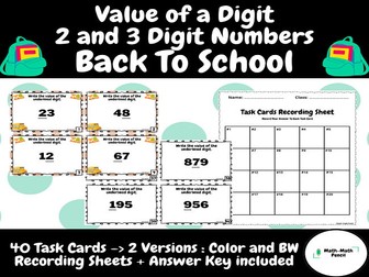 Place Value: Value of a Digit | Task Cards + Answer Key | Back to School | First Grade