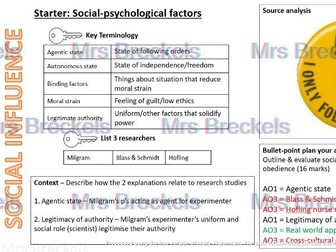 Social Influence (AQA A-level Psychology 2025-) - Recap starter/do now worksheets with answers