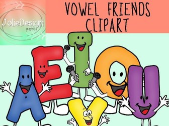 Vowel Friends Clipart Set - Color and Line Art 12 pc set