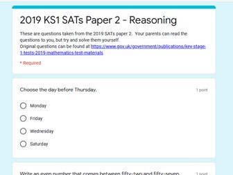 Google Forms 2019 SATs Maths KS1 Paper 2