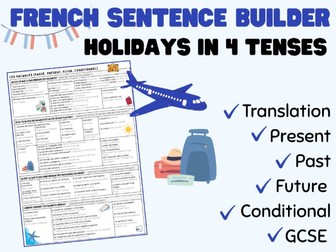 French GCSE Sentence Builder: Holidays in 4 tenses (les vacances)