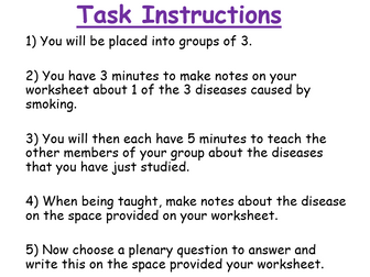 Jigsaw Activity information and structured worksheet for emphysema, bronchitis and lung cancer