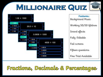 Millionaire Quiz! (Fractions, Decimals and Percentages Edition)