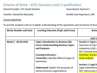 BTEC Business Year 12 Scheme of Work