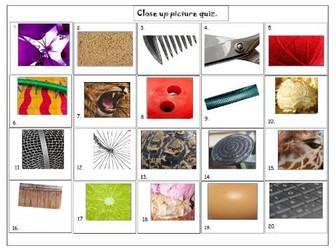 Close up picture quiz. Set of 20.