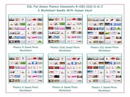 Phonics Consonants B-C(K)-D-G-J-C(S) 6 Worksheet Bundle