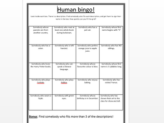 Human bingo Diversity citizenship PSHE start of year end of year ice breaker fun game