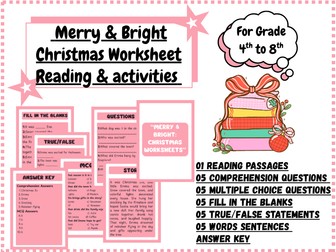 Merry & Bright: Christmas Reading Comprehension & Activity Worksheet Pack with answer key