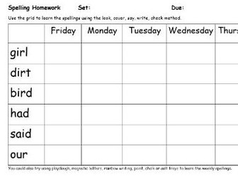 Full Year of Year 1 Editable Weekly Spelling Homework Sheets
