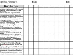 Year 3 2014 National Curriculum Science Assessment recording grid