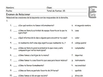 Personal Information Spanish Matching Exam