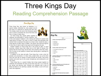 Three Kings Day Reading Comprehension and Word Search