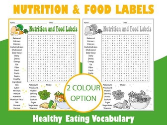 Nutrition & Food Labels Word Search Puzzle | Healthy Eating Vocabulary Activity