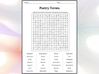 Poetry Terms Word Search Puzzle Worksheet Activity