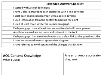 A Level Business essay marking feedback sheet with levels and grades