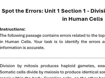 Higher Human Biology Unit 1- Division and Differentiation Spot the Errors Activity