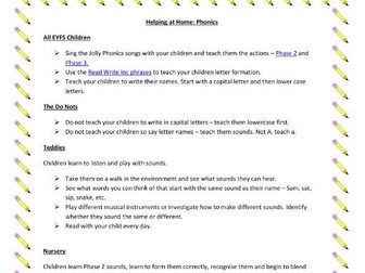 Printable Sheet of Home Learning Activities for Phonics (EYFS)