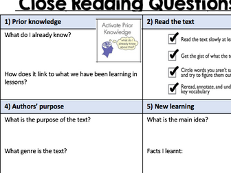 Literacy Non fiction close reading support sheet